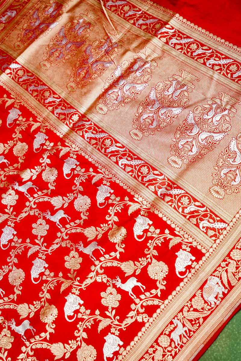 Handwoven Brick Red Shikargah Banarasi Katan Silk Saree