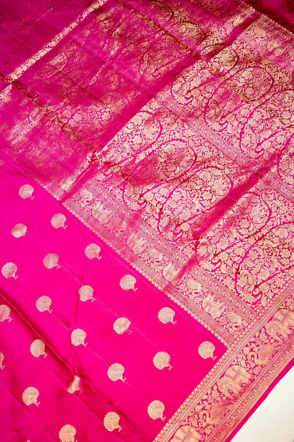Handwoven Rani Pink Motif Banarasi Mashru Silk Saree