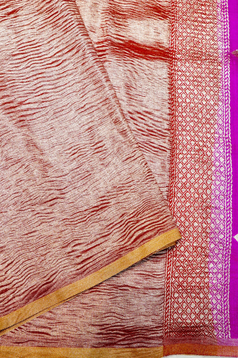 Handwoven Rose Gold Banarasi Crush Tissue Saree