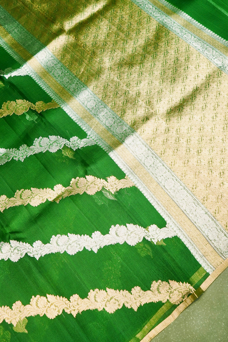 Handwoven Parrot Green Banarasi Organza Saree