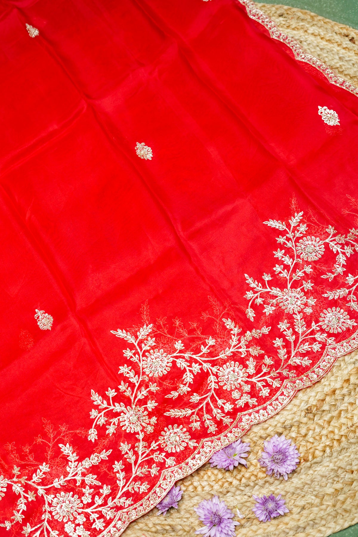 Designer Tomato Red Kora Silk Suit