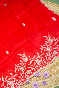 Designer Tomato Red Kora Silk Suit