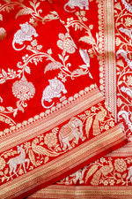 Handwoven Brick Red Shikargah Banarasi Katan Silk Saree