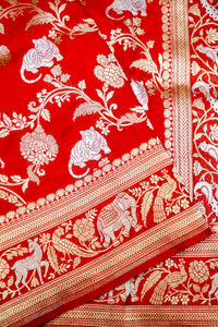 Handwoven Brick Red Shikargah Banarasi Katan Silk Saree