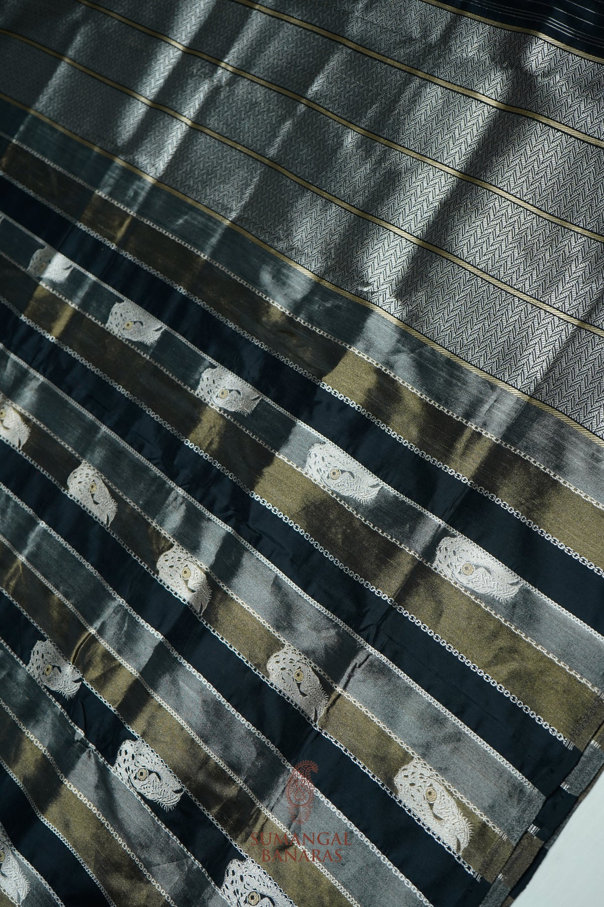 Handwoven Black Shikargah Banarasi Tissue Katan Silk Saree