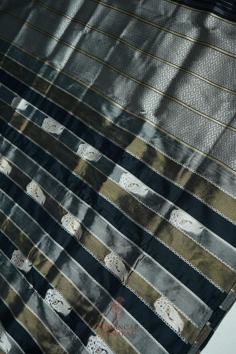 Handwoven Black Shikargah Banarasi Tissue Katan Silk Saree