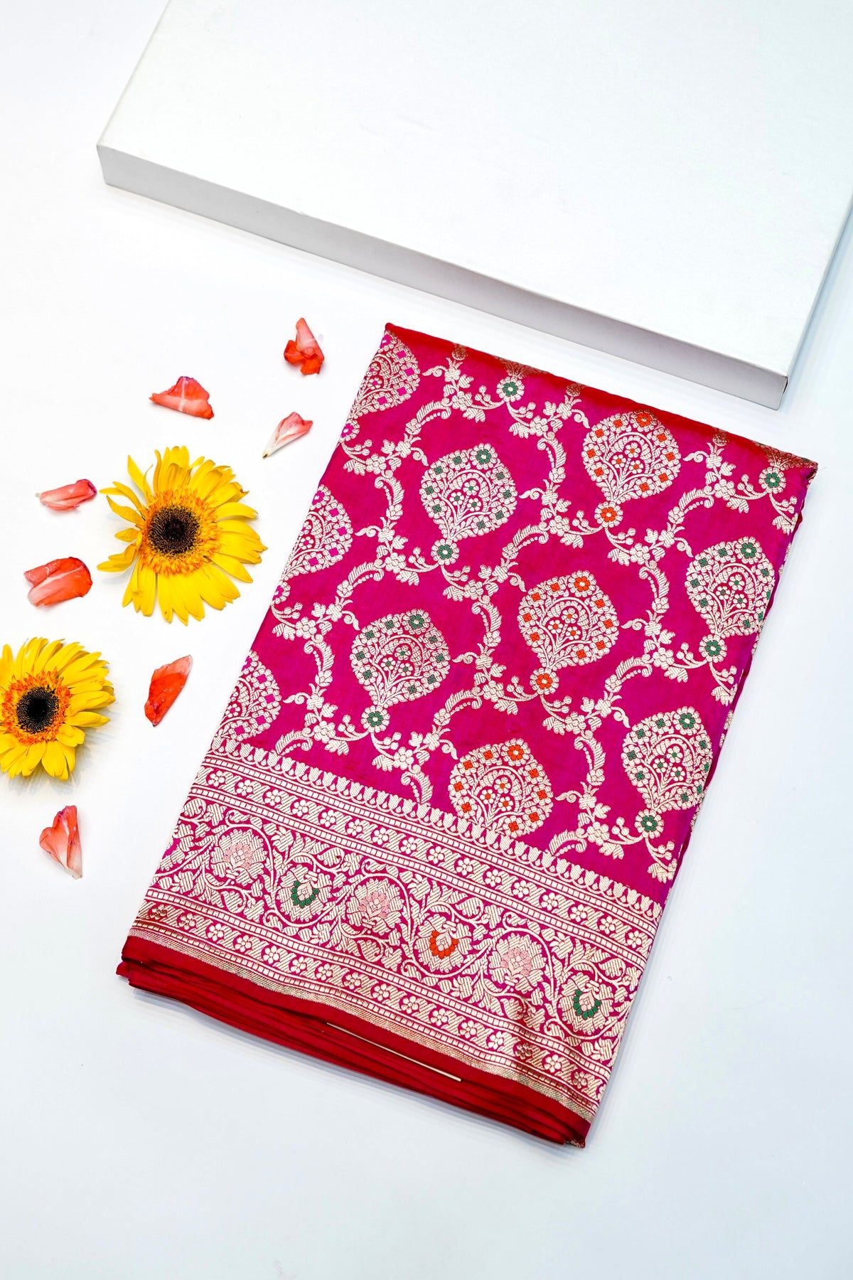 Handwoven Hot Pink Meenakari Kadhwa Banarasi Katan Silk Saree