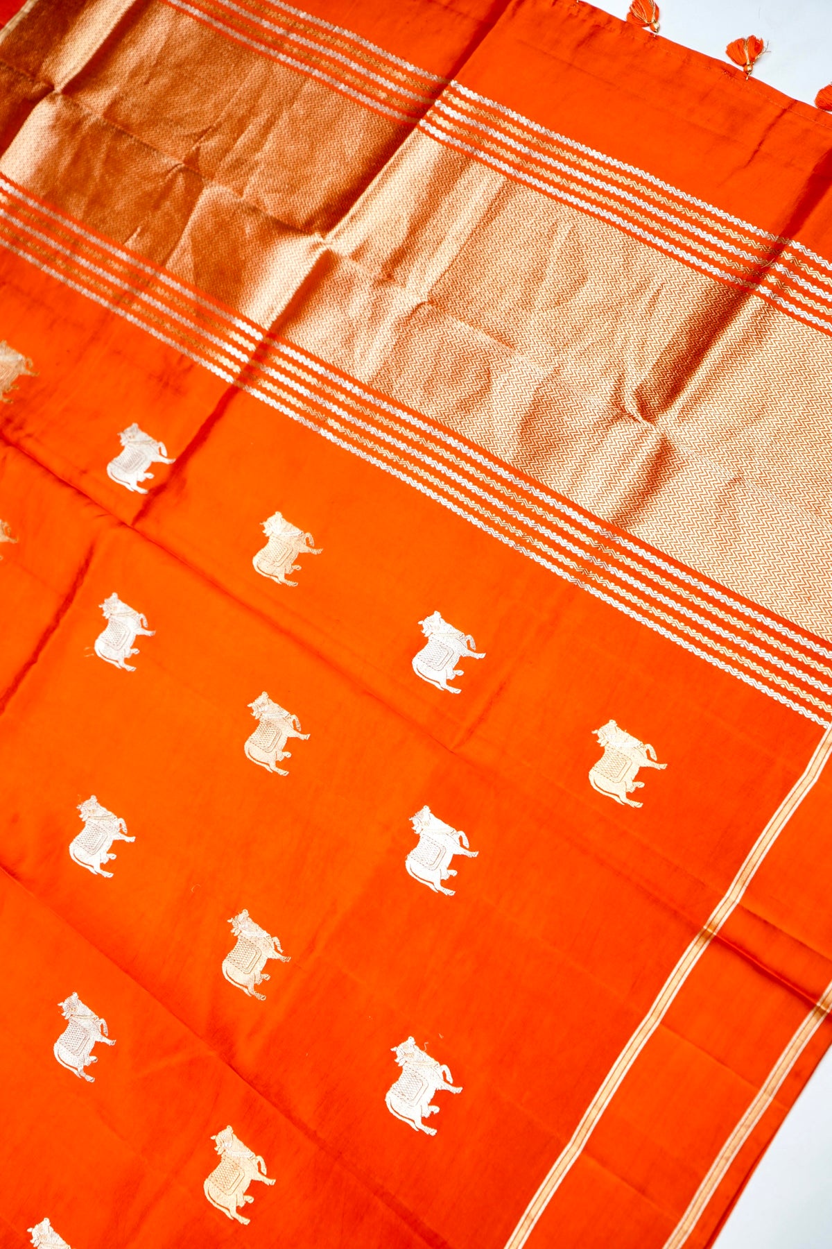 Handwoven Orange Motifs Banarasi Katan Silk Saree