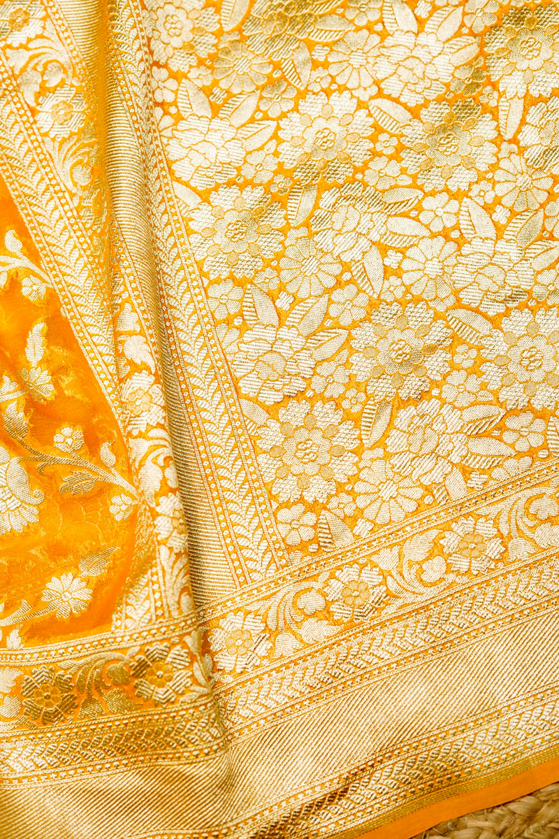 Handwoven Yellow Banarasi Khaddi Georgette Saree