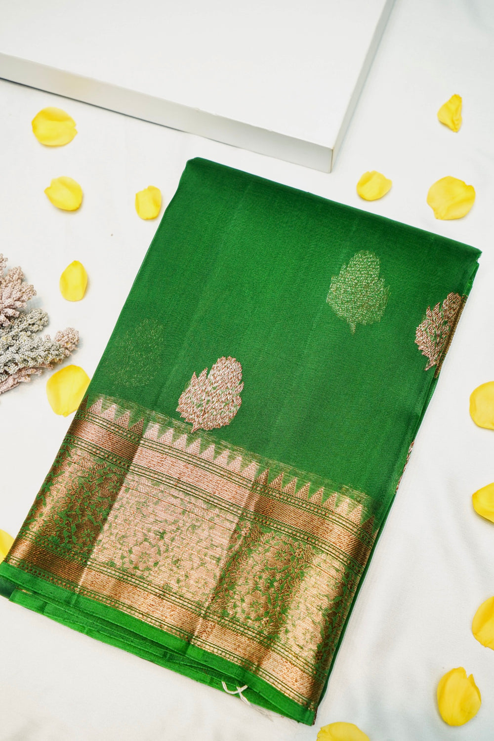Handwoven Rama Green Banarasi Kora Silk Saree