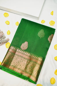 Handwoven Rama Green Banarasi Kora Silk Saree