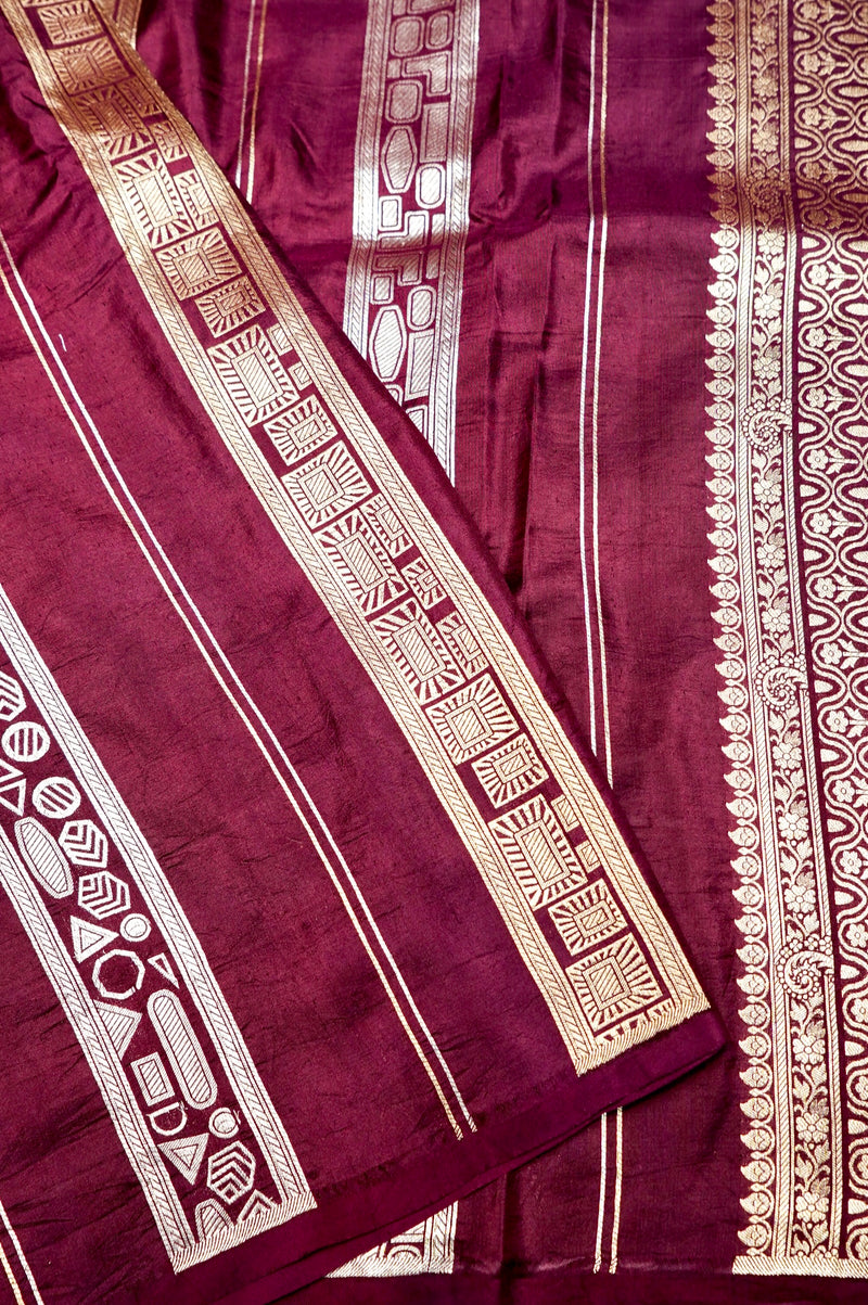 Handwoven Wine Kadhwa Banarasi Katan Silk Saree