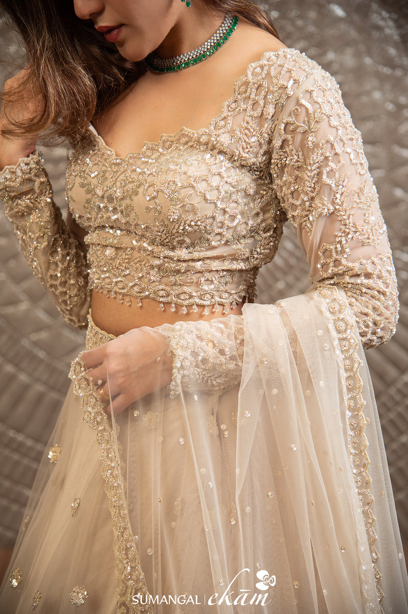 Designer Off White Net Party Wear Lehenga