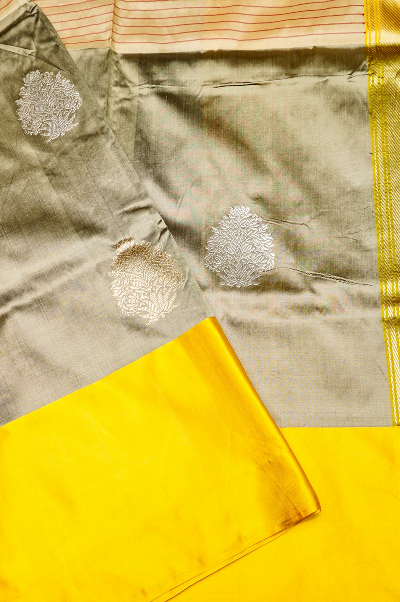 Handwoven Grey & Cream Banarasi Katan Silk Saree