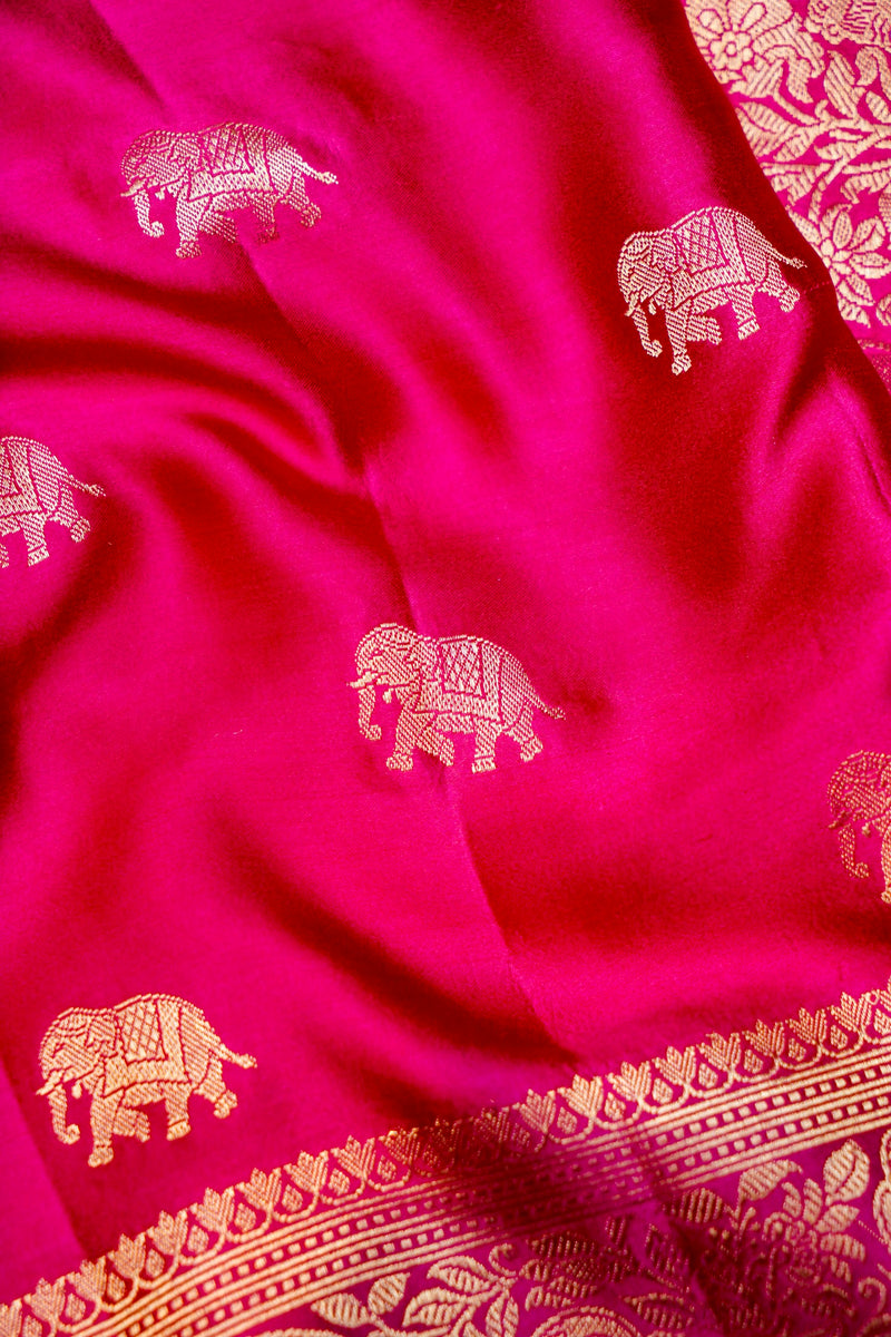 Handwoven Rani Pink Motif Banarasi Mashru Silk Saree