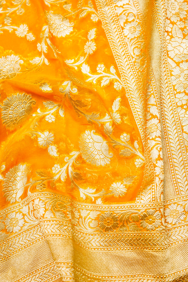 Handwoven Yellow Banarasi Khaddi Georgette Saree