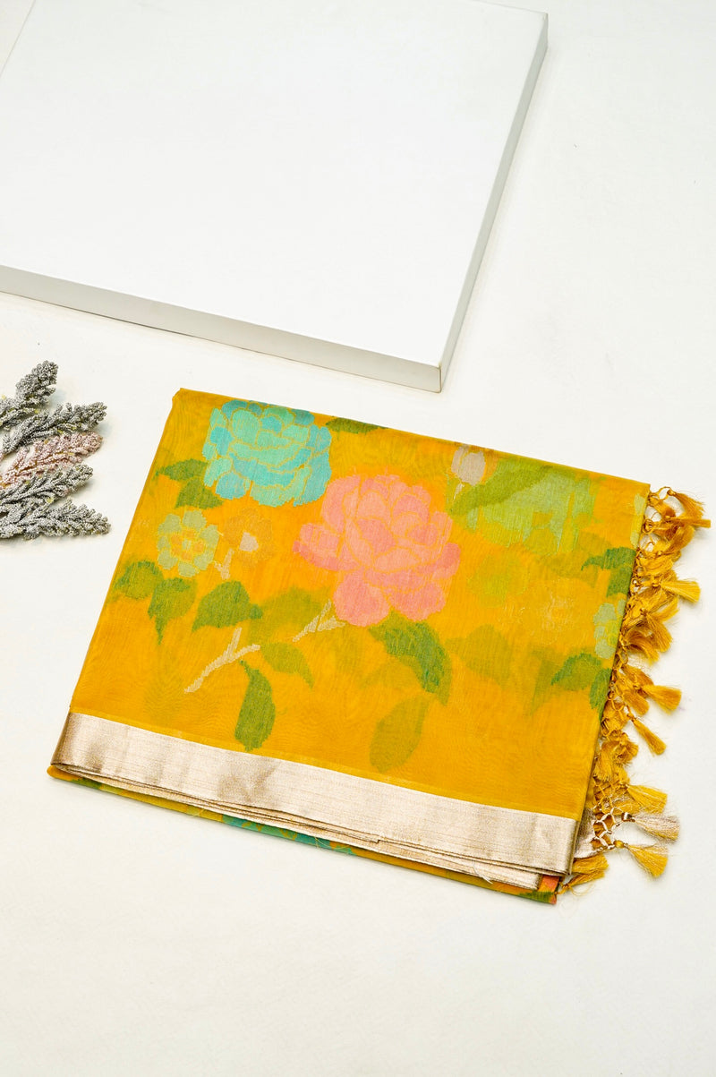 Handwoven Mustard Yellow Banarasi Katan Silk Saree