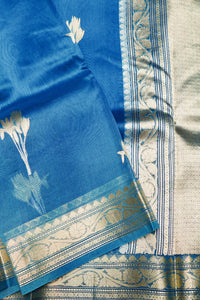 Handwoven Peacock Blue Banarasi Organza Saree