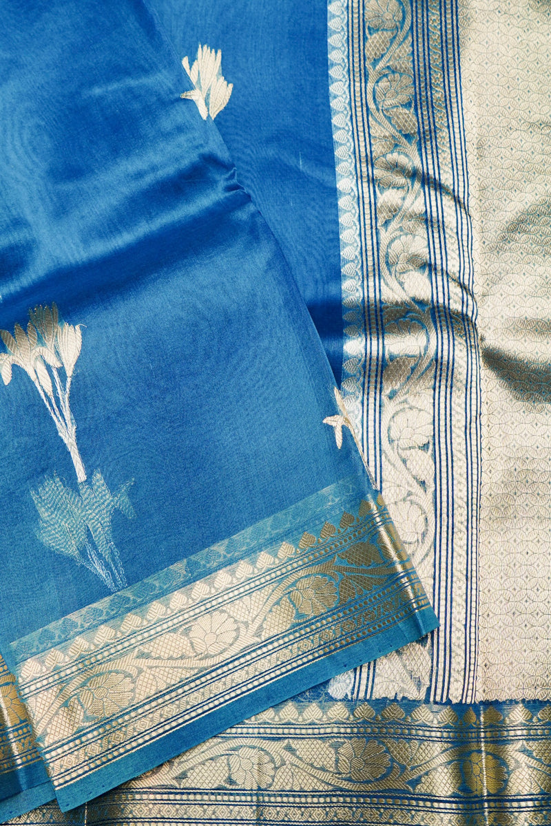 Handwoven Peacock Blue Banarasi Organza Saree