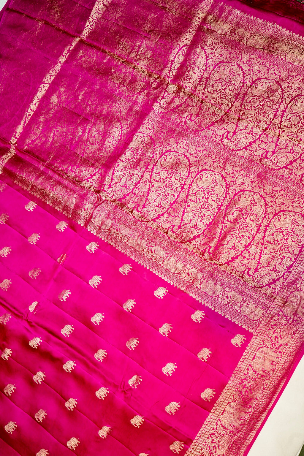 Handwoven Rani Pink Motif Banarasi Mashru Silk Saree