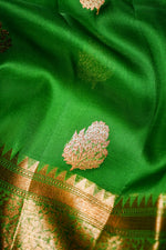 Handwoven Rama Green Banarasi Kora Silk Saree