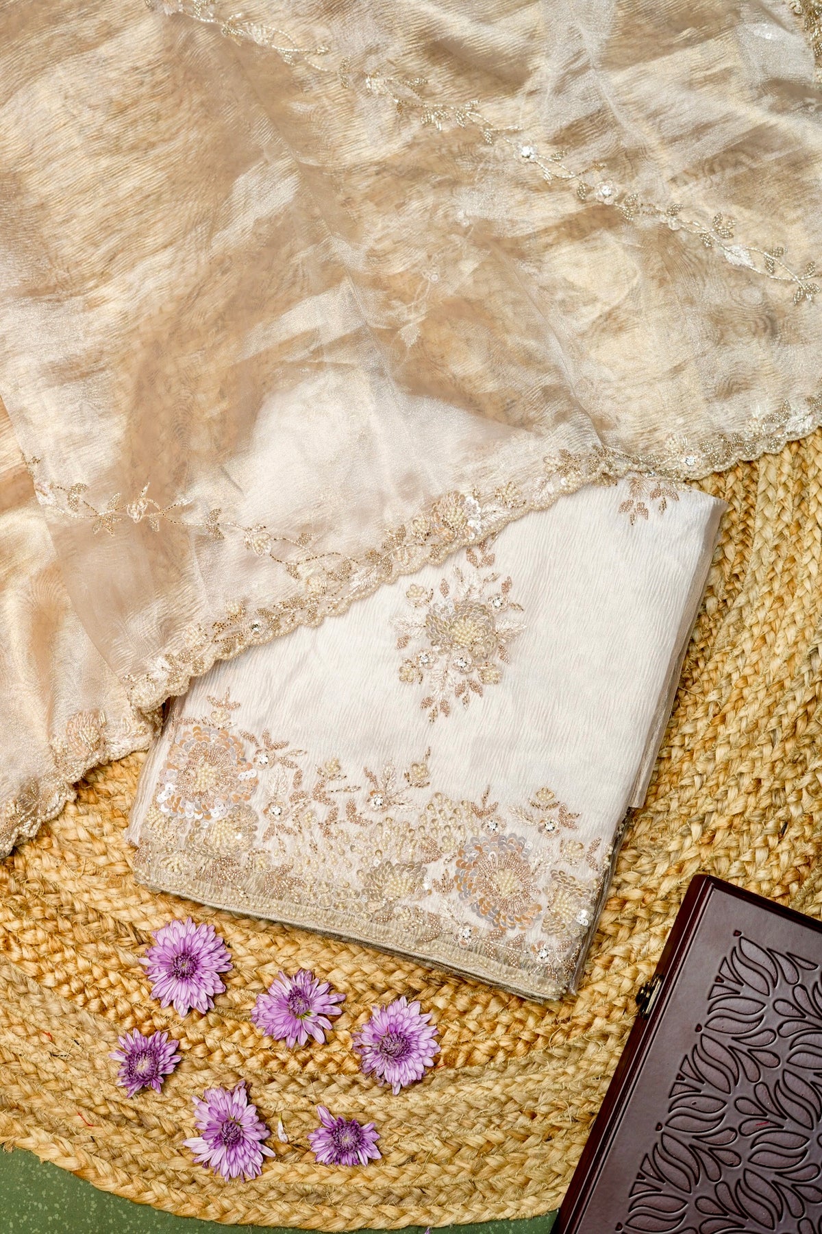 Designer Cream Glass Tissue Suit