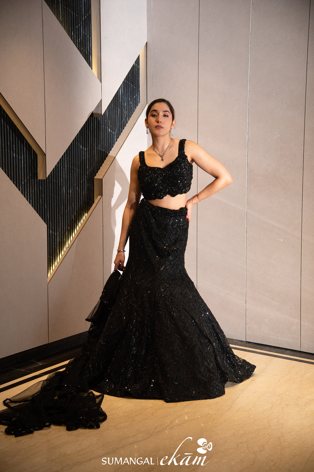 Designer Black Net Fish Cut Lehenga