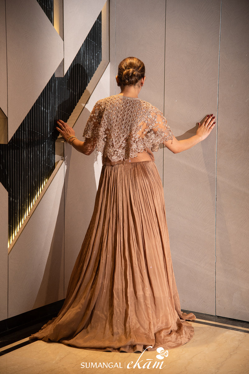 Designer Brown Crepe Silk Party Wear Crop Top