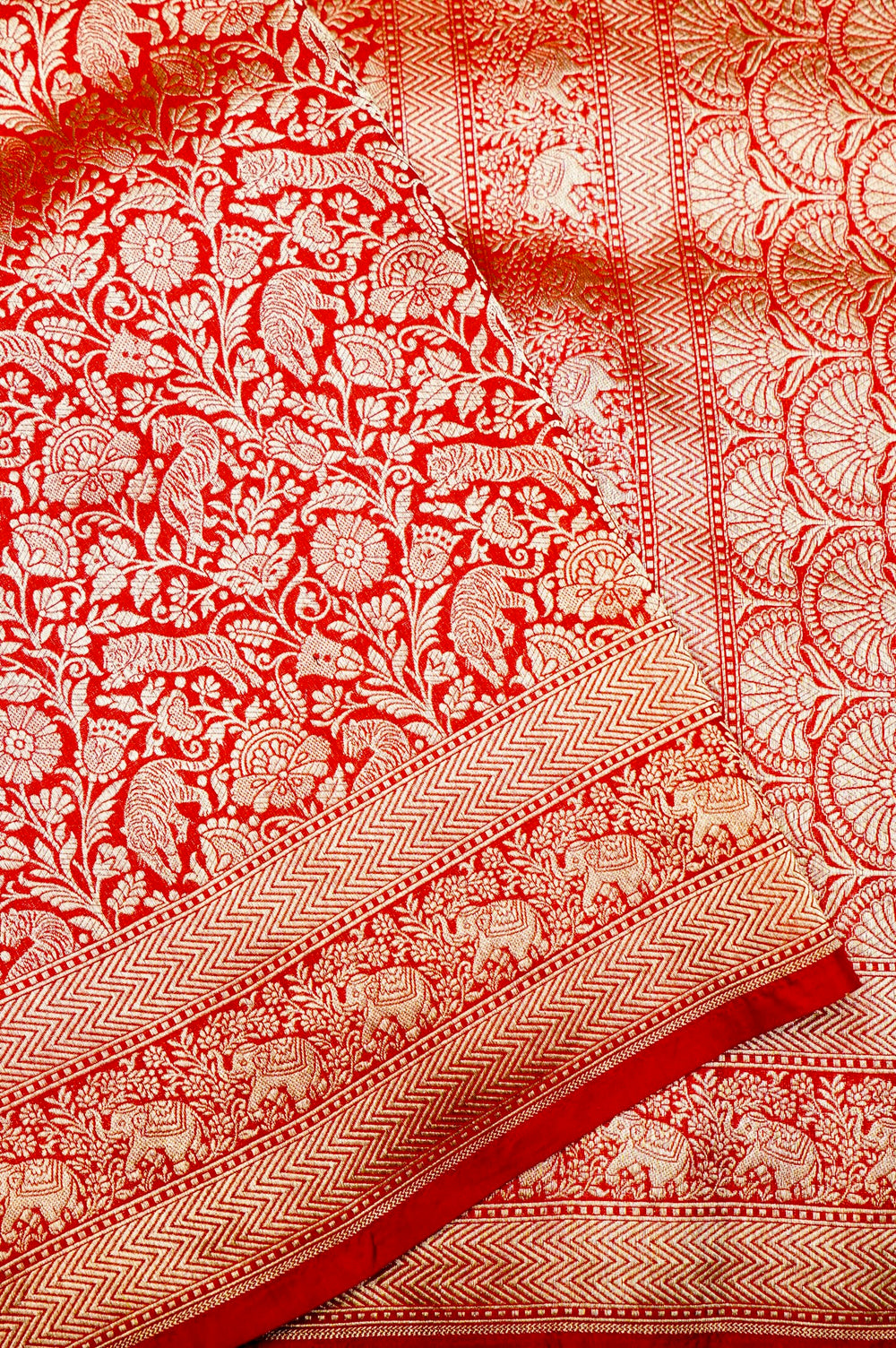 Handwoven Red Shikargah Banarasi Katan Silk Saree