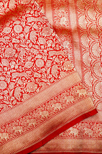 Handwoven Red Shikargah Banarasi Katan Silk Saree