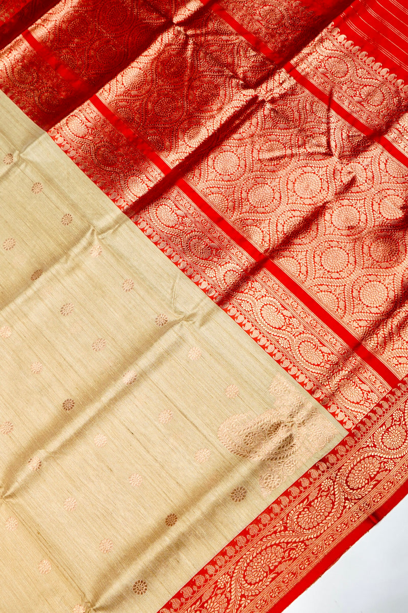 Handwoven Beige Banarasi Tussar Silk Saree