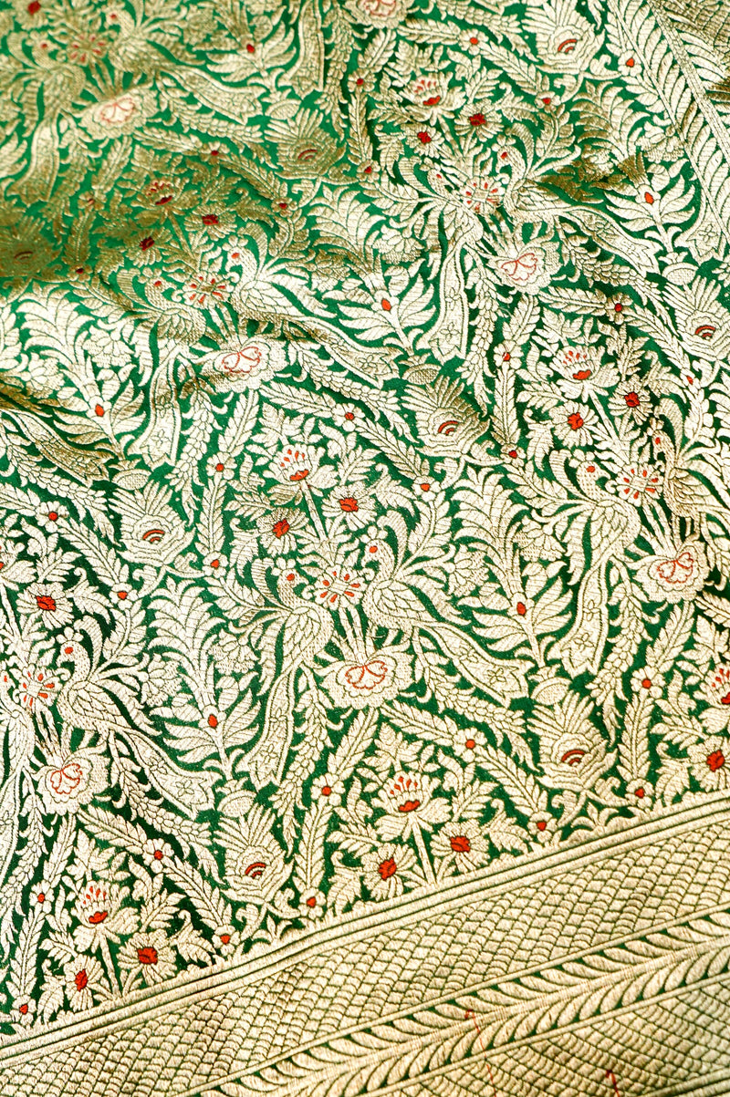 Handwoven Green Meenakari Kadhwa Banarasi Katan Silk Saree