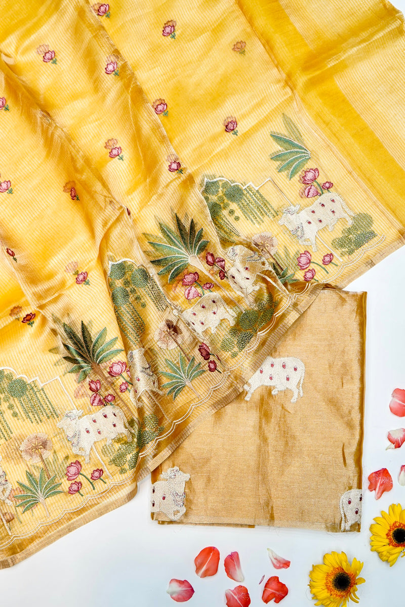 Designer Golden yellow Tissue Silk Suit