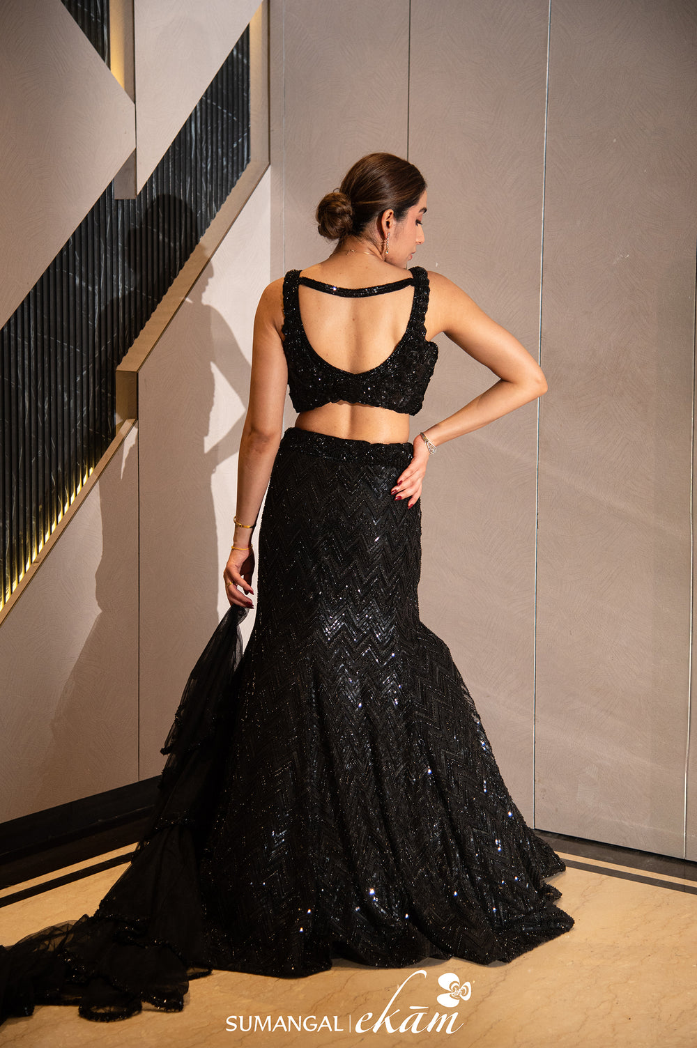 Designer Black Net Fish Cut Lehenga