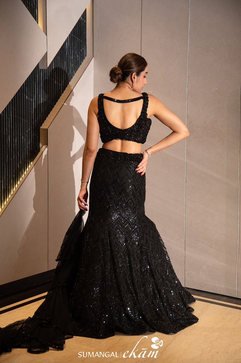 Designer Black Net Fish Cut Lehenga