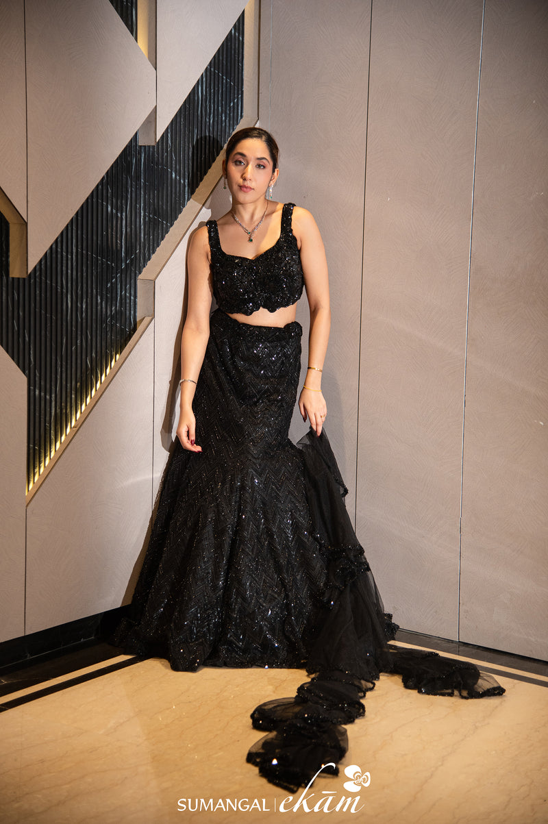 Designer Black Net Fish Cut Lehenga