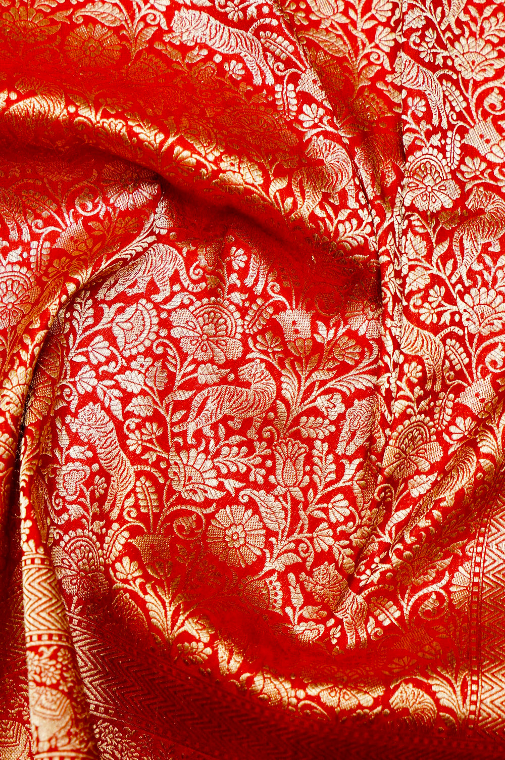 Handwoven Red Shikargah Banarasi Katan Silk Saree