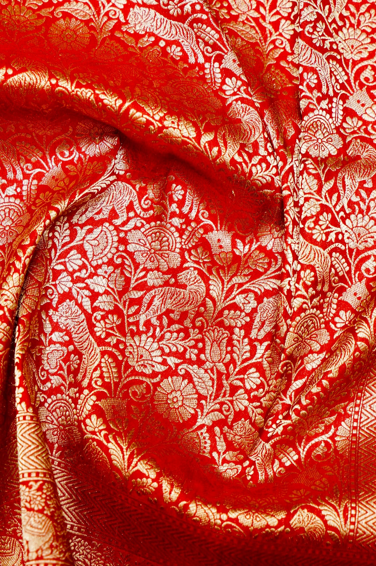 Handwoven Red Shikargah Banarasi Katan Silk Saree