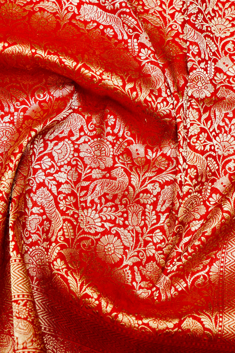 Handwoven Red Shikargah Banarasi Katan Silk Saree