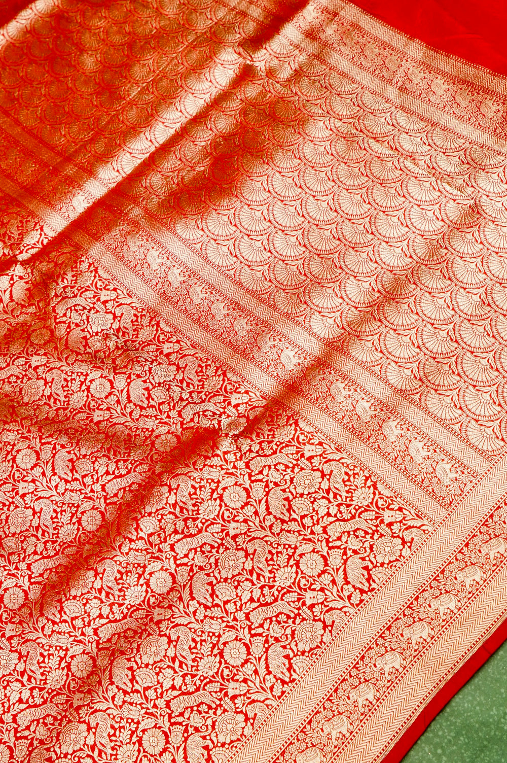 Handwoven Red Shikargah Banarasi Katan Silk Saree