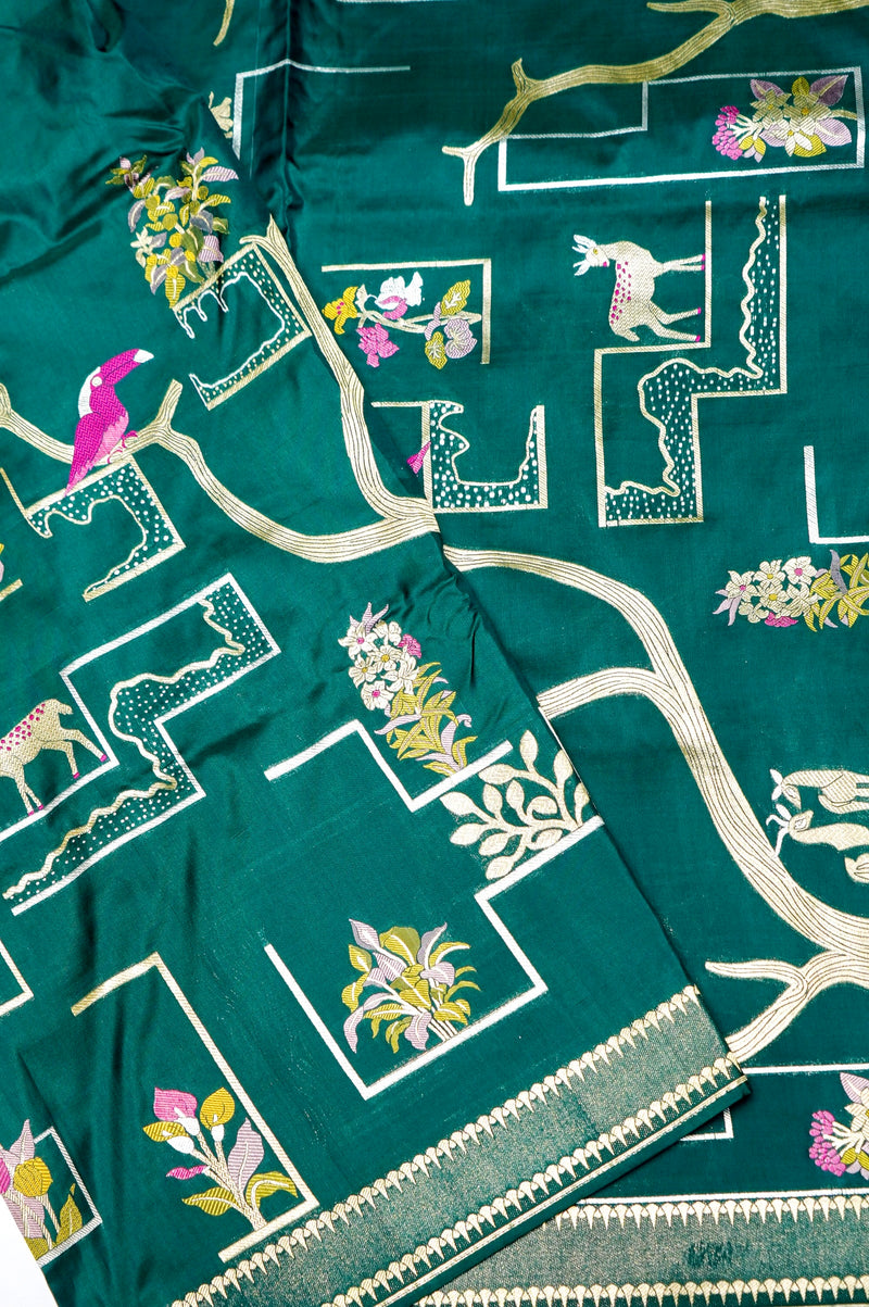 Handwoven Dark Green Meenakari Banarasi Katan Silk Saree