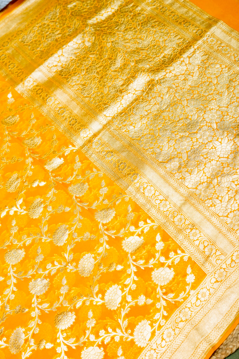 Handwoven Yellow Banarasi Khaddi Georgette Saree