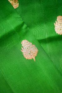 Handwoven Rama Green Banarasi Kora Silk Saree