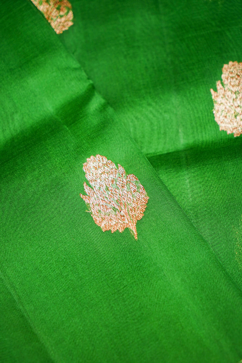 Handwoven Rama Green Banarasi Kora Silk Saree