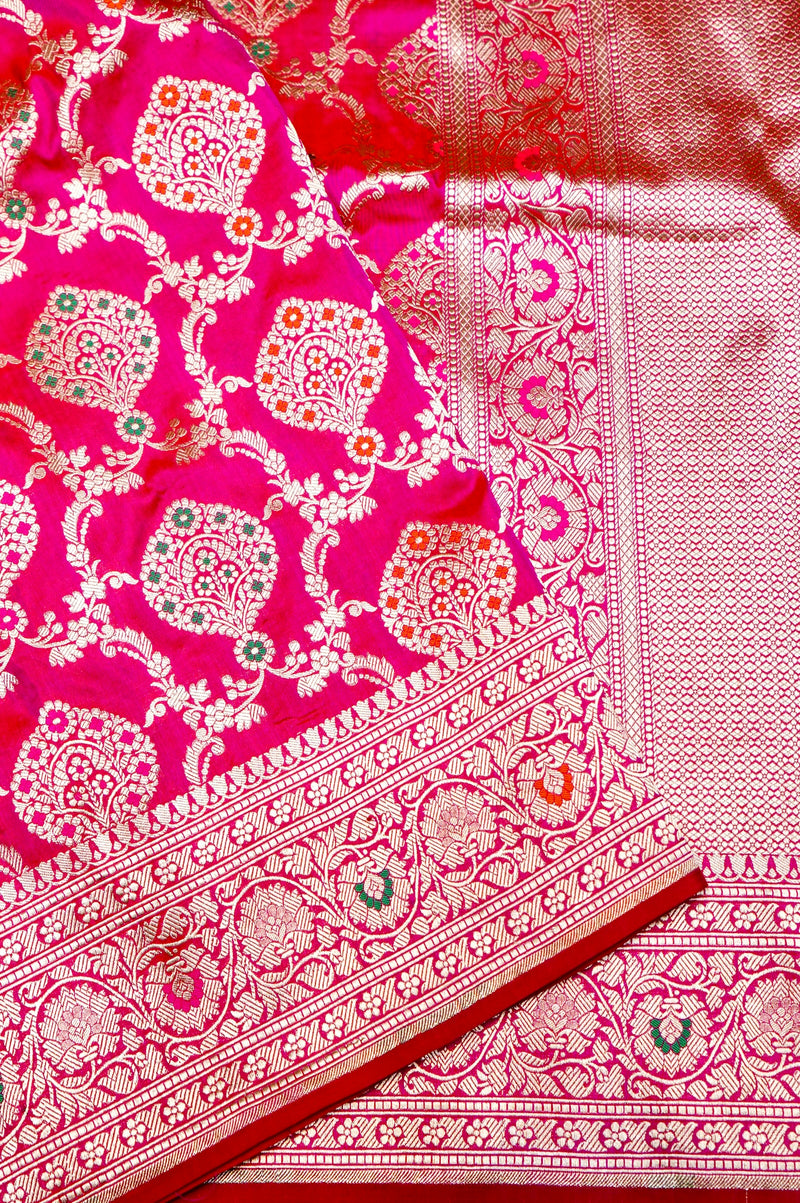 Handwoven Hot Pink Meenakari Kadhwa Banarasi Katan Silk Saree