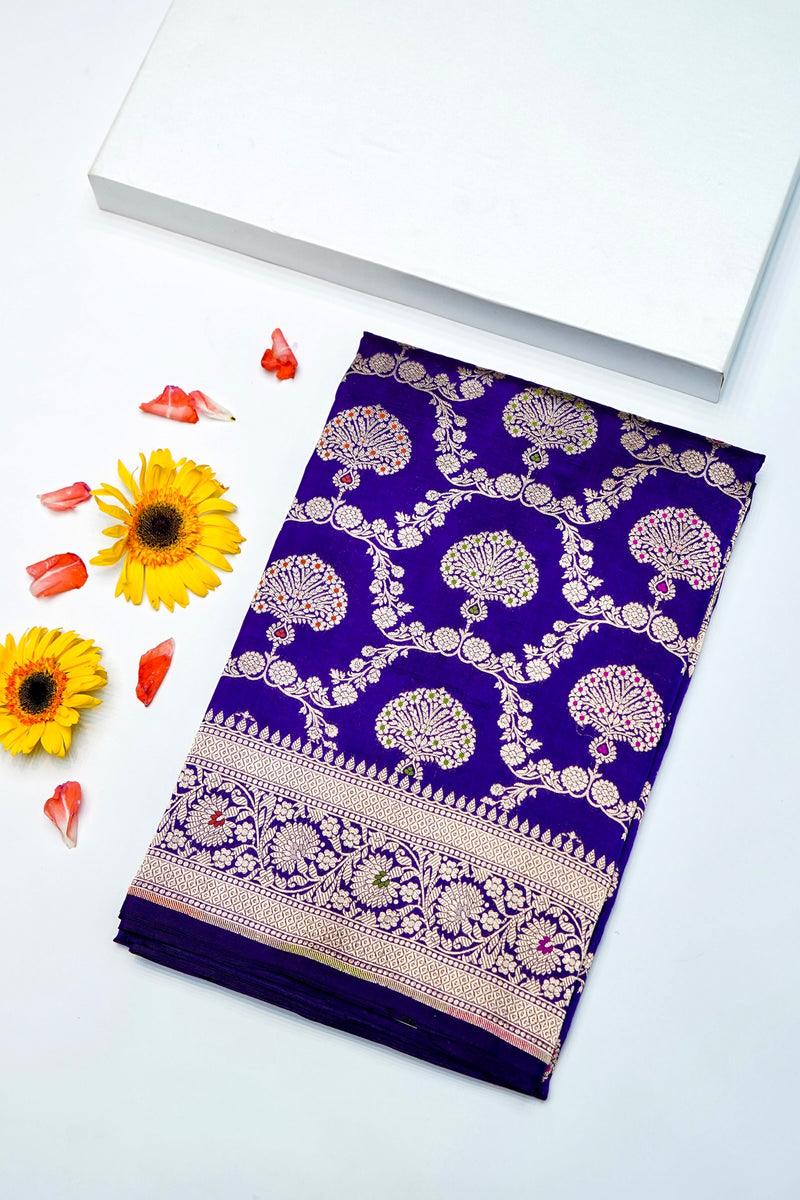 Handwoven Royal Blue Meenakari Kadhwa Banarasi Katan Silk Saree