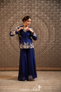 Designer Blue Crepe Silk Sharara Suit Set