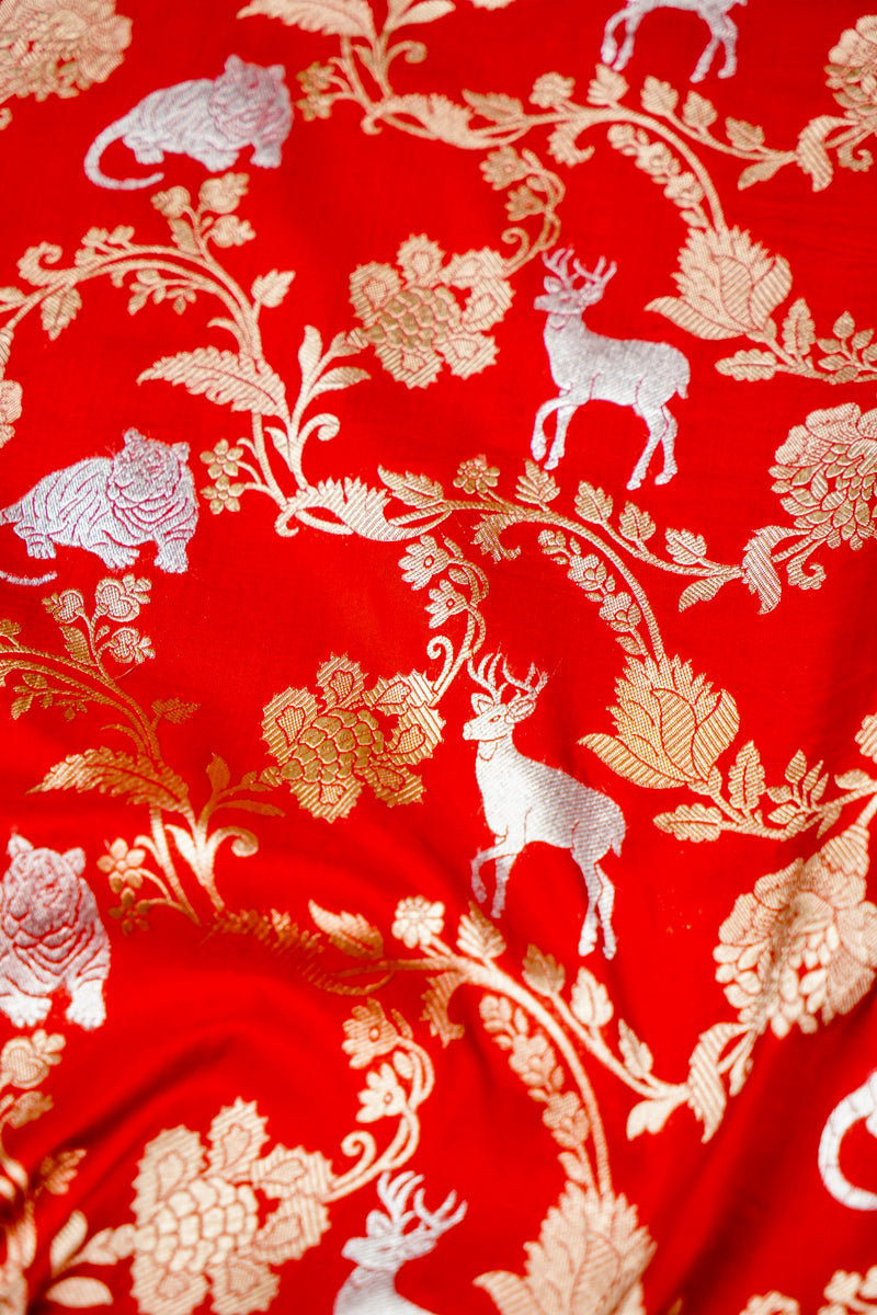 Handwoven Brick Red Shikargah Banarasi Katan Silk Saree