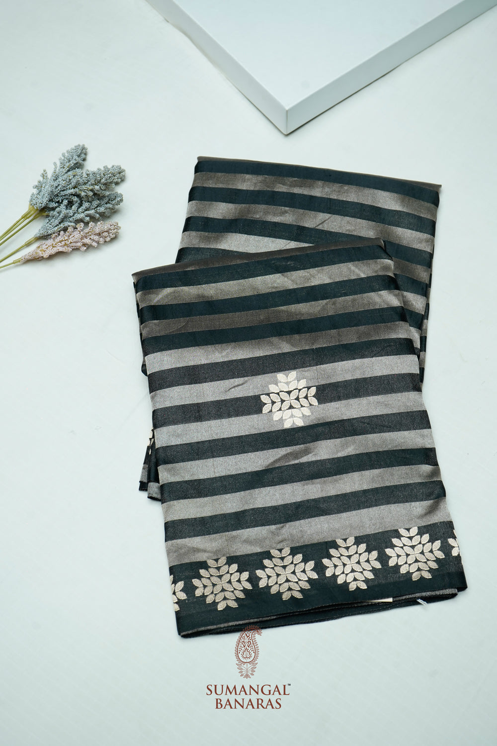 Handwoven Black Banarasi Mashru Silk Saree