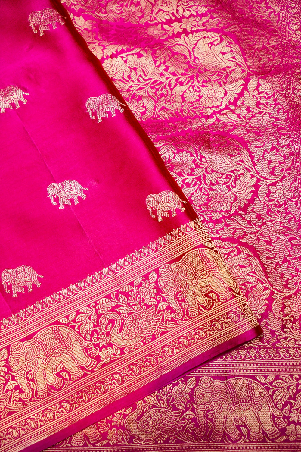 Handwoven Rani Pink Motif Banarasi Mashru Silk Saree